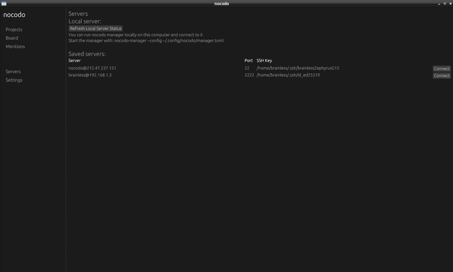 nocodo Desktop app showing connection screen - can connect to nocodo manager running locally or remote over SSH
